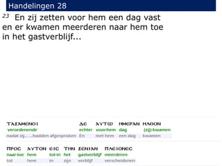 23 En zij zetten voor hem een dag vast
en er kwamen meerderen naar hem toe
in het gastverblijf...
Handelingen 28
 