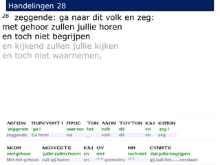 26 zeggende: ga naar dit volk en zeg:
met gehoor zullen jullie horen
en toch niet begrijpen
en kijkend zullen jullie kijken
en toch niet waarnemen,
Handelingen 28
 