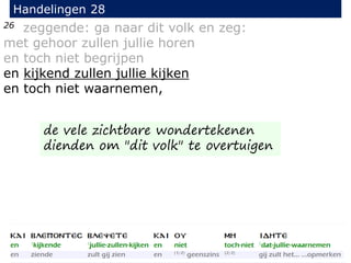 26 zeggende: ga naar dit volk en zeg:
met gehoor zullen jullie horen
en toch niet begrijpen
en kijkend zullen jullie kijken
en toch niet waarnemen,
Handelingen 28
de vele zichtbare wondertekenen
dienden om "dit volk" te overtuigen
 
