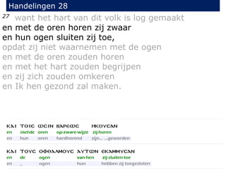 27 want het hart van dit volk is log gemaakt
en met de oren horen zij zwaar
en hun ogen sluiten zij toe,
opdat zij niet waarnemen met de ogen
en met de oren zouden horen
en met het hart zouden begrijpen
en zij zich zouden omkeren
en Ik hen gezond zal maken.
Handelingen 28
 