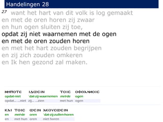 27 want het hart van dit volk is log gemaakt
en met de oren horen zij zwaar
en hun ogen sluiten zij toe,
opdat zij niet waarnemen met de ogen
en met de oren zouden horen
en met het hart zouden begrijpen
en zij zich zouden omkeren
en Ik hen gezond zal maken.
Handelingen 28
 