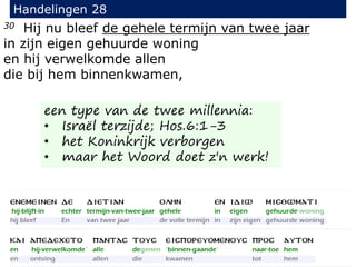 30 Hij nu bleef de gehele termijn van twee jaar
in zijn eigen gehuurde woning
en hij verwelkomde allen
die bij hem binnenkwamen,
Handelingen 28
een type van de twee millennia:
• Israël terzijde; Hos.6:1-3
• het Koninkrijk verborgen
• maar het Woord doet z'n werk!
 