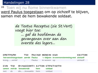 16 Toen wij nu Rome binnenkwamen
werd Paulus toegestaan om op zichzelf te blijven,
samen met de hem bewakende soldaat.
Handelingen 28
de Textus Receptus (zie St.Vert)
voegt hier toe:
... gaf de hoofdman de
gevangenen over aan den
overste des legers...
 