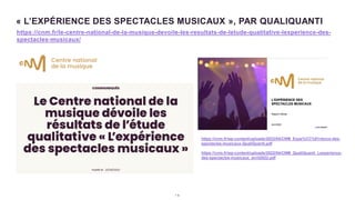 1 9
« L’EXPÉRIENCE DES SPECTACLES MUSICAUX », PAR QUALIQUANTI
https://cnm.fr/le-centre-national-de-la-musique-devoile-les-resultats-de-letude-qualitative-lexperience-des-
spectacles-musicaux/
https://cnm.fr/wp-content/uploads/2022/04/CNM_Expe%CC%81rience-des-
spectacles-musicaux-QualiQuanti.pdf
https://cnm.fr/wp-content/uploads/2022/04/CNM_QualiQuanti_Lexperience-
des-spectacles-musicaux_avril2022.pdf
 