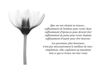 Que sur ton chemin tu trouves...  suffisamment de bonheur pour rester doux  suffisamment d'épreuves pour devenir fort  suffisamment de peine pour rester humain  suffisamment d'espoir pour être heureux.  Les personnes plus heureuses  n'ont pas nécessairement le meilleur de tout ;  simplement, elles exploitent au maximum  tout ce qui se trouve sur leur route. 