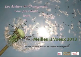 Les Ateliers du Changement,
      vous présentent
             leurs




                      Meilleurs Voeux 2013
           Des ailes aux pieds, hissons les couleurs du changement...
 
