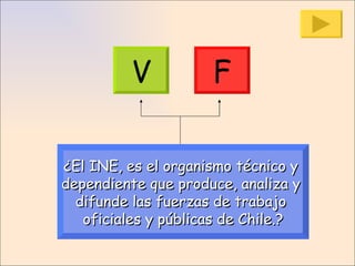 ¿El INE, es el organismo técnico y  dependiente que produce, analiza y  difunde las fuerzas de trabajo  oficiales y públicas de Chile.? V F 