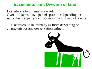 Easements limit Division of land :
Best always to remain as a whole.
Over 150 acres-- two parcels possible depending on
individual property’s conservation values and character
300 acres could be as many as three depending on
characteristics and conservation values.
 