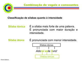 Classificação de sílabas quanto à intensidade Sílaba tónica É a sílaba mais forte de uma palavra. É pronunciada com maior duração e intensidade. Sílaba átona É pronunciada com menor intensidade. Ado rei   es te  li vro! Sílabas tónicas Sílabas átonas Combinação de vogais e consoantes Porto Editora 