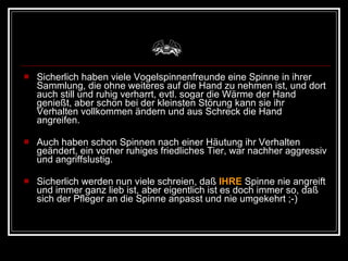 Sicherlich haben viele Vogelspinnenfreunde eine Spinne in ihrer Sammlung, die ohne weiteres auf die Hand zu nehmen ist, und dort auch still und ruhig verharrt, evtl. sogar die Wärme der Hand genießt, aber schon bei der kleinsten Störung kann sie ihr Verhalten vollkommen ändern und aus Schreck die Hand angreifen.  Auch haben schon Spinnen nach einer Häutung ihr Verhalten geändert, ein vorher ruhiges friedliches Tier, war nachher aggressiv und angriffslustig.  Sicherlich werden nun viele schreien, daß   IHRE  Spinne nie angreift und immer ganz lieb ist, aber eigentlich ist es doch immer so, daß sich der Pfleger an die Spinne anpasst und nie umgekehrt ;-) 