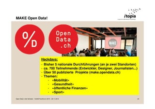 MAKE Open Data! 
Hackdays: 
- Bisher 5 nationale Durchführungen (an je zwei Standorten) 
- ca. 700 Teilnehmende (Entwickler, Designer, Journalisten...) 
- Über 50 publizierte Projekte (make.opendata.ch) 
- Themen: 
- «Mobilität» 
- «Gesundheit» 
- «öffentliche Finanzen» 
- «Sport» 
Open Data in der Schweiz - VoGIS-Fachforum 2014 - 20.11.2014 24 
 