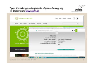 Open Knowledge – die globale «Open»-Bewegung 
(in Österreich: www.okfn.at) 
Open Data in der Schweiz - VoGIS-Fachforum 2014 - 20.11.2014 28 
 
