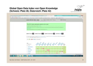Global Open Data Index von Open Knowledge 
(Schweiz: Platz 28, Österreich: Platz 42) 
Open Data in der Schweiz - VoGIS-Fachforum 2014 - 20.11.2014 29 
 