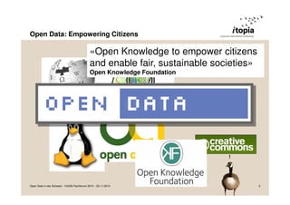 Open Data: Empowering Citizens 
«Open Knowledge to empower citizens 
and enable fair, sustainable societies» 
Open Knowledge Foundation 
! 
Open Data in der Schweiz - VoGIS-Fachforum 2014 - 20.11.2014 3 
 