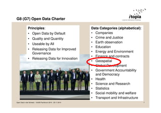 G8 (G7) Open Data Charter 
Principles: 
• Open Data by Default 
• Quality and Quantity 
• Useable by All 
• Releasing Data for Improved 
Governance 
• Releasing Data for Innovation 
Data Categories (alphabetical): 
• Companies 
• Crime and Justice 
• Earth observation 
• Education 
• Energy and Environment 
• Finance and contracts 
• Geospatial 
• Global Development 
• Government Accountability 
and Democracy 
• Health 
• Science and Research 
• Statistics 
• Social mobility and welfare 
• Transport and Infrastructure 
Open Data in der Schweiz - VoGIS-Fachforum 2014 - 20.11.2014 7 
 