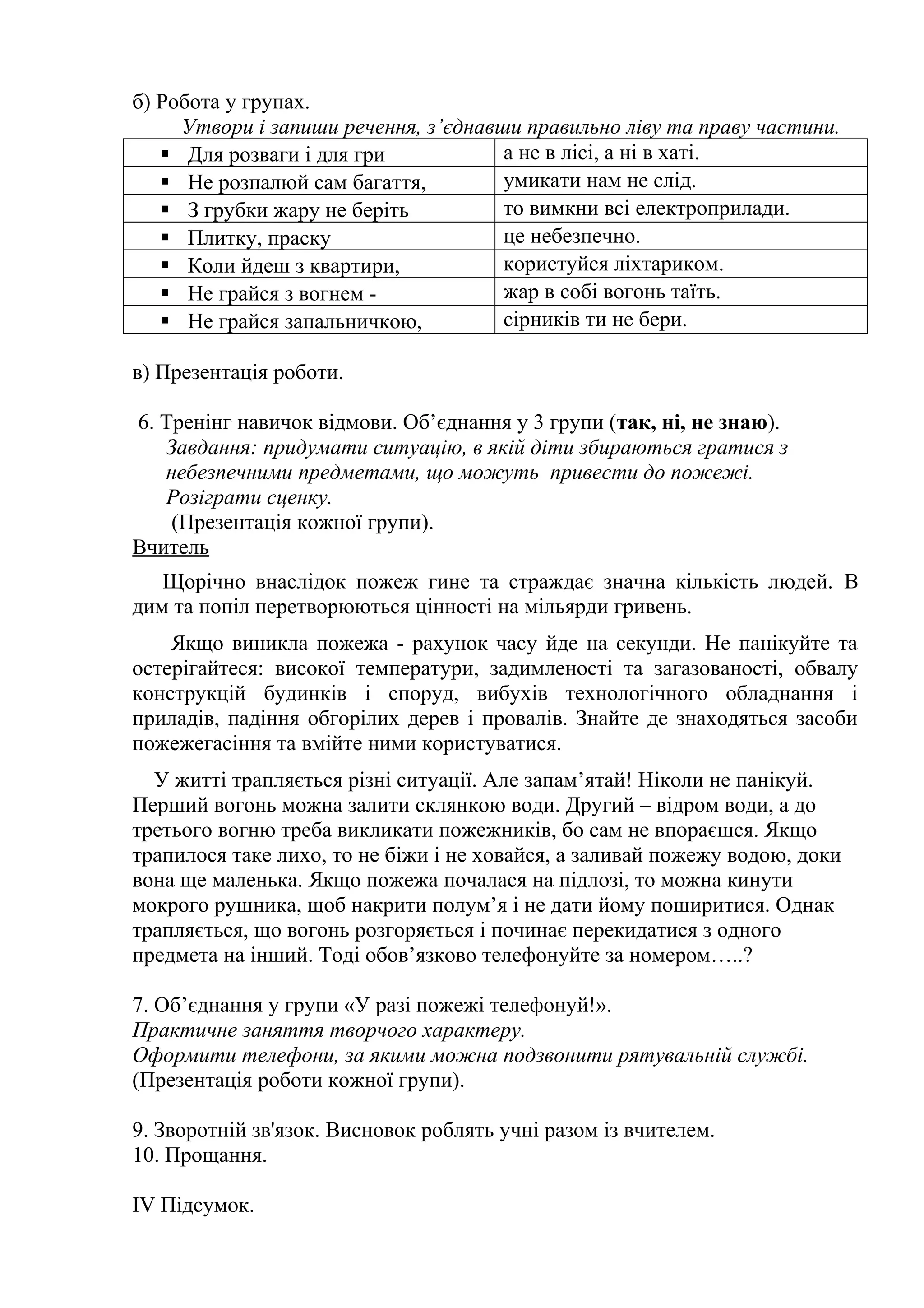 б) Робота у групах.
Утвори і запиши речення, з’єднавши правильно ліву та праву частини.
 Для розваги і для гри а не в лісі, а ні в хаті.
 Не розпалюй сам багаття, умикати нам не слід.
 З грубки жару не беріть то вимкни всі електроприлади.
 Плитку, праску це небезпечно.
 Коли йдеш з квартири, користуйся ліхтариком.
 Не грайся з вогнем - жар в собі вогонь таїть.
 Не грайся запальничкою, сірників ти не бери.
в) Презентація роботи.
6. Тренінг навичок відмови. Об’єднання у 3 групи (так, ні, не знаю).
Завдання: придумати ситуацію, в якій діти збираються гратися з
небезпечними предметами, що можуть привести до пожежі.
Розіграти сценку.
(Презентація кожної групи).
Вчитель
Щорічно внаслідок пожеж гине та страждає значна кількість людей. В
дим та попіл перетворюються цінності на мільярди гривень.
Якщо виникла пожежа - рахунок часу йде на секунди. Не панікуйте та
остерігайтеся: високої температури, задимленості та загазованості, обвалу
конструкцій будинків і споруд, вибухів технологічного обладнання і
приладів, падіння обгорілих дерев і провалів. Знайте де знаходяться засоби
пожежегасіння та вмійте ними користуватися.
У житті трапляється різні ситуації. Але запам’ятай! Ніколи не панікуй.
Перший вогонь можна залити склянкою води. Другий – відром води, а до
третього вогню треба викликати пожежників, бо сам не впораєшся. Якщо
трапилося таке лихо, то не біжи і не ховайся, а заливай пожежу водою, доки
вона ще маленька. Якщо пожежа почалася на підлозі, то можна кинути
мокрого рушника, щоб накрити полум’я і не дати йому поширитися. Однак
трапляється, що вогонь розгоряється і починає перекидатися з одного
предмета на інший. Тоді обов’язково телефонуйте за номером…..?
7. Об’єднання у групи «У разі пожежі телефонуй!».
Практичне заняття творчого характеру.
Оформити телефони, за якими можна подзвонити рятувальній службі.
(Презентація роботи кожної групи).
9. Зворотній зв'язок. Висновок роблять учні разом із вчителем.
10. Прощання.
IV Підсумок.
 
