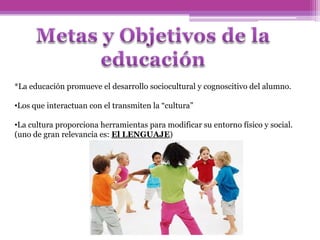 *La educación promueve el desarrollo sociocultural y cognoscitivo del alumno.
•Los que interactuan con el transmiten la “cultura”
•La cultura proporciona herramientas para modificar su entorno físico y social.
(uno de gran relevancia es: El LENGUAJE)
 