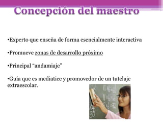 •Experto que enseña de forma esencialmente interactiva
•Promueve zonas de desarrollo próximo
•Principal “andamiaje”
•Guía que es mediatice y promovedor de un tutelaje
extraescolar.
 