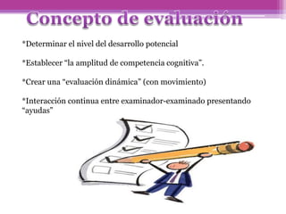 *Determinar el nivel del desarrollo potencial
*Establecer “la amplitud de competencia cognitiva”.
*Crear una “evaluación dinámica” (con movimiento)
*Interacción continua entre examinador-examinado presentando
“ayudas”
 