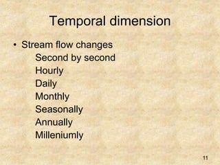 Temporal dimension
• Stream flow changes
Second by second
Hourly
Daily
Monthly
Seasonally
Annually
Milleniumly
11
 