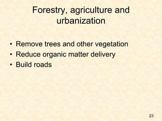 Forestry, agriculture and
urbanization
• Remove trees and other vegetation
• Reduce organic matter delivery
• Build roads
23
 