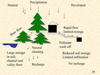 Large storage
in soil,
channel and
valley floor Recharge
Natural
cleaning
Pollutant
wash off
No recharge
Rapid flow
limited storage
Natural Developed
Reduced soil storage
Limited infiltration
Precipitation
24
 