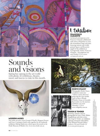 136 OCTOBER 2016
VOGUE ARTS
HAIR:DIANEGORGIEVSKIMAKE-UP:MOLLYWARKENTIN
DETAILSLASTPAGES
phrasing and there’s only so much you can say.
I felt this incredible freedom in writing prose.”
Throsby’s immersion into a new creative realm
came at an ideal time for the four-time Aria-
nominated artist, who since 2004 has released six
albums – including Seeker Lover Keeper (2011) with
Sarah Blasko and Sally Seltmann – and collaborated
with artists and toured extensively. “I took a very
conscious step back from music because I was a bit
exhausted by the whole thing,” she reveals. “At that
point I thought I probably wouldn’t do music again.”
Writing a book was an exciting, unconscious process, she says.
The world she conjured in her imagination became the place she
visited every day. But while the tale’s country setting, so vividly
brought to life by Throsby, is crucial to the feel of the book, it’s
not a reflection of her own childhood. “It’s not based on my
experience growing up, but as a musician I recorded all of
my albums on the south coast and have done so much touring to
regional towns, so I think when I started writing my creative
world was located in that area,” she explains.
Right now, fans of Throsby’s music will be relieved to hear she’s
enjoying a renewed enthusiasm for her former vocation. “Once
I finished the book I had the strongest desire to finish all my songs
and get back into the studio,” she says. A new album is due early
next year, and after that? “I’ll probably start work on a new novel.
I don’t really know what it’s going to be about. I used to think I had
to figure it all out before I started. Turns out that you don’t.” ■
Goodwood by Holly Throsby (Allen  Unwin, $29.99) is out now.
ears ago, when I picked up my
friend Peter in my beaten-up
Corolla, Holly Throsby’s just-
released debut album On Night
was playing on the stereo. “My god, this is
beautiful,” he said, genuinely overcome.
“I know, she’s amazing!” I replied.
So when 12 years on, Throsby’s debut
novel Goodwood lands on my desk, I’m
not surprised to learn that the gifted
songwriter has turned her hand to fiction.
“I was always interested in writing, and
remember winning a short story
competition as a child,” says Throsby, 37,
during the chat we schedule when her
two-year-old daughter Alvy takes a nap.
“But I got into songwriting as a teenager
and that continued into my 20s, and even
though I majored in English, my degree
didn’t involve creative writing at all.”
It was only after publisher Richard Walsh
contacted her that Throsby’s long-held desire to
pen a novel gained fresh conviction. “He just
encouraged me, which is all I needed as it turns
out. Sometimes it just takes someone else who
believes in you and to say keep going.”
Throsby wrote the first draft of Goodwood in just
eight months. “I had this very clear deadline, which
was the due date of my baby,” she says. Then she
put her work into a drawer for 10 months – “being
a mother was much more intense than I imagined!” – with
the final version polished for publication soon after.
Set in the early 90s, the story centres on 17-year-old Jean
Brown, who lives in the fictional town of Goodwood in Australia.
Life is fairly uneventful in this small community until two locals
inexplicably disappear, leaving the town shaken. As the mystery
unravels and secrets are exposed, the story explores Jean’s own
complexities – her relationship with her family, her sexuality.
The book’s quiet dreamy pace is undercut by a dark sense of
foreboding, and there is a strong and captivating lyrical quality
to the prose. “I think my songwriting came through in the book,
through repetition in terms of phrases the characters say and
scenes that happen near other scenes,” Throsby ponders. “When
I think about it, it’s almost like a chorus – the book has a kind of
rhythm that people may think comes from thinking in a musical
way, but in every other way the process was extremely different.
Songwriting is so contained and you’re stuck within melodic
Y
Musician Holly Throsby is
weaving stories of a new
kind. By Cushla Chauhan.
Styled by Philippa
Moroney. Photographed
by Duncan Killick.
Telling
tales
“AT THAT
POINT I
THOUGHT
I PROBABLY
WOULDN’T
DO MUSIC
AGAIN”
 