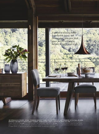 Create your
ideal sofa with
Domayne®
– just
select the shape,
size and fabric.
PREVIOUS PAGE: AUSTRALIAN-MADE HAMMAR 3-SEATER SOFA IN WARWICK KEY LARGO FABRIC, $2,799;
ENYA COFFEE TABLE, $1,099. Aura Luxury velvet cushion in Indigo, $59.95; Lark fur cushion in Silver, $64.95; concrete vase, medium, $74.95; Foundry
Tobacco  Vanilla 18oz candle, $64.99; Robert Gordon lattice basket, $189.95 for a set of three; Casablanca rug in White (155x225cm), $699.
TOP: AUSTRALIAN-MADE LIAM 2.5-SEATER SOFA WITH CHAISE IN WARWICK VEGAS FABRIC, $2,599;
FLIP SIDE TABLE, SMALL, $629. Kew cushion in Silver, $39.95; Knox cushion in Silver, $59.95; Picasso rug in Beige (160x230cm), $599.
ABOVE: AUSTRALIAN-MADE SCANDI 2.5-SEATER SOFA IN ZEPEL ETERNAL FABRIC, $2,499; ENYA 2-DOOR,
5-DRAWER BUFFET, $2,399. Ghost lamp table, $399, and coffee table, $799; Mauritz pendant light in Black, $179.95; Lark fur cushion
in Magnet, $64.96; Flec cushion in Black and Natural, $59.95; Kelim Triangles rug (155x225cm), $799. On lamp table: Provisions Dark Chocolate candle, $32.98.
On coffee table: Concrete and Leather tray, $89.95; Salut red wine glasses, $39.95 for six. On buffet: Little Helper table lamp in Black, $149.95; Matte Black ginger
jar, $39.95; Droplet vase in copper, $45; Ink Black One framed print, $339.95. All other items stylist’s own.
 