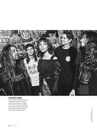 From left: Kane wears a Bally shirt,
$1,650. Charlee wears a Burberry
jacket and dress, $3,850 each. Linden
Cook earrings, $165. On right arm,
from top: The Family Jewels bracelet,
$169. Fiorina Jewellery bracelets,
$345 and $395. The Family Jewels
bracelet, $169. Paloma Picasso ring,
$290, from Tiffany  Co. Troy
wears a vintage necklace, $980,
from Four Winds Gallery.
NICOLEBENTLEY
 