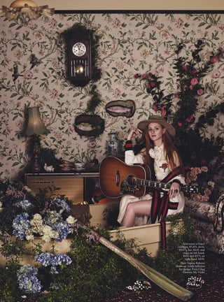 234 OCTOBER 2016
JAKETERREY
BANOFFEE
Like many of us, Melbourne musician Banoffee grew up on an
aural diet of artists like Lauryn Hill, TLC and Snoop Dogg, but
unlike most of us, the singer-songwriter let those sounds settle
deep in her consciousness, eventually giving shape to a viable
career path. Known as Martha Brown to her friends, the 27-year-
old artist released her second EP last year bringing together her
offbeat, light-dark influences and conveying both power and
vulnerability. Emitting self-assuredness, the willowy ice-blonde
pulls off Michele’s Gucci vision with ease. The parallel doesn’t
end there either – not dissimilar to the Gucci creative director,
Banoffee is multidisciplinary, producing visuals for almost every
song she writes.
VERA BLUE
A tangle of raven hair tumbles over singer Vera Blue’s petite
shoulders clad in white ruffles, transmitting the kind of
freewheeling vibe Gucci girls of today are known for. Real name
Celia Pavey, her musical breed is anchored in the world of folk and
as a guitarist, violinist and singer she’s a multitasker. Her 2013
album This Music won favour locally and overseas and landed her
coveted spots on the upcoming summer festival circuit. ■
Banoffee wears a
Gucci top, $1,010,
jeans, $1,205,
headpiece, $1,030,
earrings, $930, belt,
$795, bracelets, on
right hand, $1,860
and $3,820, rings,
$360 and $470,
bangle, on left hand,
$595, and rings,
$320, $280 and
$375, socks, $110,
and shoes, $2,065.
 