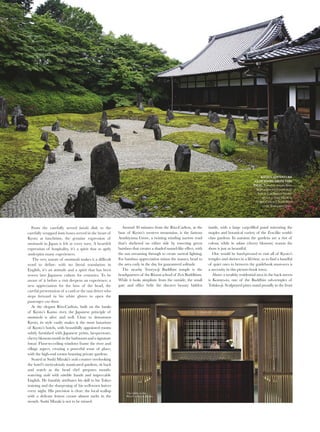 She’s clearly a local in Gion-machi, greeting and
acknowledging local shopkeepers and neighbours,
but casting her eyes downwards as fascinated
passers-by stare shamelessly at her silk robes and red
parasol, beaming only as she looks directly into the
approved camera lens; the consummate professional.
Much like the sunshine and beauty of Tomitsuyu
and her blue-kimonoed maiko sister Tomitae, Kyoto’s
charming good looks are steeped in tradition, the
former capital famous for its five geiko districts,
cobblestoned streets, temples, shrines, carefully
preserved buildings and a mere 17 UNESCO World
Heritage sites.
By day, the city is an endless treasure trove of
history, Edo-period architecture and opportunities
to uncover the artisan traditions that have held
the city strong for thousands of years. At night, the
unmarked restaurants, tiny bars and teahouses
come to life with lantern after lantern punctuating
dusk and the narrow streets.
In a small workshop in a nondescript lane,
brothers Shun and Ryo Kojima are continuing the
10th generation of their family lantern-
making business, one of just three traditional
workshops in Kyoto, with a history dating back 220
years. To watch them work is mesmerising: Shun
splits the thick pipes of bamboo into the thin
strips that will form the backbone of the lanterns,
while Ryo’s steady hand fixes the opaque paper to
the lantern’s frames with a traditional glue.
Together they have taken over Kojima Shoten while
at the same time launching their own brand,
Ko-Chube, which offers a new style of lantern
suited to modern lifestyles.
Their custom hand-made lanterns, available to
order in over 100 shapes and sizes, illuminate many
of the streets of Kyoto, including guesthouses,
restaurants, bars and the Minami-za theatre, famous
for its kabuki performances. What stands them apart
from their mass-produced competitors, however, is
their distinctive lantern-making method of jibari-shiki
(“affixing style”), which requires considerable
craftmanship and time, a method they learnt as
apprentices under their father Mamoru’s eagle eye
and unequivocal dedication to perfection.
After the lanterns are crafted, Shun and Ryo work
with local artists and calligraphers who decorate the
delicate washi paper with unique imagery and script
by hand; each design unique to their customer’s
request and painted directly on to the lantern using
brush and ink.
Kyoto quietly boasts a wealth of artisans like Shun
and Ryo who have stood the test of time, long after
the capital was relocated to Tokyo (visit kyotoartisans.
jp/en to find and book an artisan experience).
Compared to Tokyo, Kyoto is a relatively small city
of around 1.3 million, divided by two rivers and a
multitude of bridges. Getting around the main areas
is relatively straightforward, but the luxury of a
private guide and interpreter makes it even easier to
experience the best the city has to offer (both in
Kyoto and Tokyo).
Local guide and interpreter Hiroko Inaba, who
works with Chris Rowthorn Tours (chrisrowthorn.
com), is the ultimate companion when visiting the
city, offering a unique insight into daily Kyoto life,
with her quick thinking and local knowledge helping
to negotiate little-known entrances to popular sites
such as the Fushimi Inari Taisha, a shrine in south-
east Kyoto. Entering the woods, it’s a steady climb
up the northern forested slope of Mount Inari with
not even a local in sight. After a network of strange
lichen-covered stone foxes, shrines and shady
tableaux, it’s a gentle merge into a stream of visitors
flowing through the mountain’s arcades of 5,000-
plus vermilion torii, a sacred Kyoto tradition
dedicated to business success, with large companies
paying over a million dollars to have the huge pillars
inscribed with their names.
Apart from the myriad temples, shrines and
landscaped gardens, Kyoto is also home to hundreds
of restaurants and bars, with over 100 Michelin-
starred restaurants. Sample the specialties of the
region, including tofu, tea ceremonies with Kyo-gashi
(Kyoto speciality sweets), dumplings of rice flour on
skewers (mitarashi dango) and Kyo-kaiseki, the pinnacle
of multi-course dining which could only be
described as food art. Not for the faint-hearted, Kyo-
kaiseki’s intricate dishes offer a memorable foray
into local delicacies such as sea bream, octopus
eggs, abalone, pickles and sea urchin. Presented
with formality and quiet respect, a Kyo-kaiseki meal
can take several hours to be served.
JNTO.ORG.AU
SPECIAL FEATURE
 