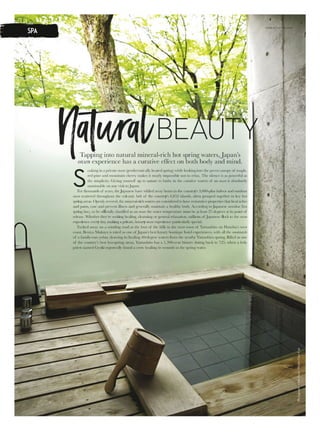 typical Japan traveller narrative goes
something like this along the “Golden
Route”: Tokyo, Hakone, Mount Fuji,
Kyoto, Osaka and perhaps Hiroshima, if
there’s enough time. Of course, for anyone partial to
a little white powder, there’s a whole snow scene in
Japan to be explored.
Beyond Tokyo and the Golden Route, a wealth of
regional areas offers ways to experience the beauty and
luxury of Japan, staying at luxury ryokan and small
hotels outside the main cities.
Since the new bullet train service from Tokyo to
Kanazawa was launched in 2015, the pretty castle
town has found new favour. In just two and a half
hours, Tokyo is a world away and classical Edo-period
Japan comes into play in this UNESCO City of
Crafts and Folk Art.
Amid tracts of tall timbers, moss-covered
rocks and a dedicated blossom path, one of
Japan’s three most famous gardens, Kenroku-en
garden, is a living haiku. This is everything
a Japanese landscape should be. It’s not hard
to imagine the changing colours through the
seasons; in the heat of summer it still emits colour
and shade. Even the sight of three gardeners
sweeping silt from one of the garden’s pebble-lined
streams using traditional Japanese bamboo brooms
is poetry in motion.
Across from the gardens, the restored Kanazawa
Castle stands tall on the hill overlooking the town, its
huge stone walls topped with white walls and simple
peaks. In winter, when the snow sits along its grey
rooftop, the beauty is picturesque.
Just a walk from the castle is the Kanazawa 21st
Century Museum of Contemporary Art, a low
circular building with glass outer walls and a
combination of community areas and public art
space. Argentinian artist Leandro Erlich’s fascinating
Swimming Pool is a permanent installation in one of
the central courtyards. An optical illusion creates the
effect of seeing people immersed in the water when
they’re actually just in the room beneath.
Kanazawa is home to Japan’s second biggest
geisha area, after Kyoto. In the Higashi Chaya-gai
district, a series of carefully preserved teahouses line
the narrow streets. In between the teahouses are
cafes, galleries and places to buy the area’s traditional
gold leaf and lacquerware craft. The geisha houses
have a screening of kimusuko (timber lattice) on the
ground floor, with timber and glass on the outside of
the first-floor entertaining areas.
For art lovers, journey south-west of Osaka to
Naoshima, a small, isolated island offering one of
the world’s most remarkable art and architecture
experiences. Stay at Benesse House, a museum,
restaurant and hotel centre in one, the unique
concept a collaboration between billionaire art
collector Soichiro Fukutake and Pritzker prize-
winning architect Tadao Ando.
The 49 luxury rooms are all Western in design, with
a Japanese sensibility, and there’s unique artwork in
each room, spread across four distinctly different
buildings. To savour the one-of-a-kind experience,
guests in the museum hotel have special 24-hour
access to major works and site-specific installations,
bringing new meaning to art after dark.
A
REGIONAL GETAWAY
(CLOCKWISE FROM
OPPOSITE PAGE): a teahouse
in Kanazawa’s Higashi Chaya-gai
district; Kenroku-en garden; a cafe
in Higashi Chaya-gai; Kanazawa
Castle; matcha (green tea) ice-cream
in Kanazawa.
i a io SNOW
With over 500 ski resorts in Japan, there’s
no shortage of places to ski and board.
HOKKAIDO
The Hokkaido powder belt is home to
several ski areas, including Asahidake and
Kurodake. For a luxury stay, many of the
best options are within the Niseko area,
outside of Sapporo.
SHIGA KOGEN IN NAGANO
With 19 ski areas and 52 lifts, Nagano,
north-west of Tokyo, is Japan’s largest ski
destination. Head to the furthermost point
and least-visited, Okushiga Kogen, for
unspoilt natural scenery with some of
Japan’s best powder snow and snow
monkeys. Hire a local guide for an even
deeper exploration of the area.
ZAO IN TOHOKU
The northern end of the main island of
Japan (Honshu), Tohoku has a number
of resorts, including Zao Onsen, which is
accessible via bullet train from Tokyo. Zao
Onsen has 26 runs, 37 lifts and is renowned
for juhyo, frost-covered giant trees known as
“snow monsters”.
Skiing in Hokkaido.
JNTO.ORG.AU
SPECIAL FEATURE
 