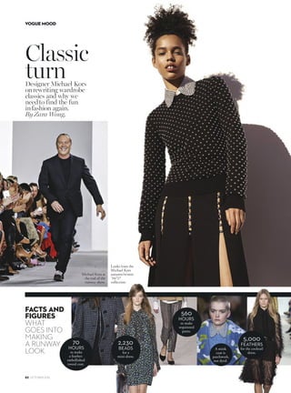 Designer Michael Kors
?B5GB9D97 G1B4B?25
31CC93C 14 G8I G5
554D? 694 D85 6E
961C89? 1719	
By Zara Wong.
Classic
DEB
FACTS AND
FIGURES
WHAT
GOES INTO
MAKING
A RUNWAY
LOOK.
70
HOURS
to make
a feather-
embellished
tweed coat.
2,230
BEADS
for a
mini-dress.
5,000
FEATHERS
for the cocktail
dress.
560
HOURS
to make
sequinned
pants.
A mink
coat is
patchwork,
not dyed.
82 OCTOBER 2016
VOGUE MOOD
 