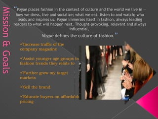 Increase traffic of the
company magazine

Assist younger age groups to
fashion trends they relate to

Further grow my target
markets

Sell the brand

Educate buyers on affordable
pricing
 