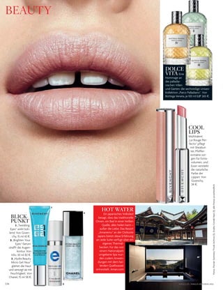 134
BEAUTY
BLICK-
PUNKT
1 „Twinkling
Eyes“ wirkt küh-
lend. Von Given-
chy, 15 ml 43 §.
2 „Brighten Your
Eyes“-Serum
strafft die Augen-
kontur. Von
Viliv, 30 ml 82 §.
3 „Hydra Beauty
Micro Gel Yeux“
glättet die Haut
und versorgt sie mit
Feuchtigkeit. Von
Chanel, 15 ml 58 §.
HOT WATER
Ein japanisches Volkslied
besagt, dass das traditionelle
Onsen, ein Bad in einer heißen
Quelle, alles heilen kann –
außer die Liebe. Das Resort
„Amanemu“ an der Ostküste
Japans bietet diese Erfahrung
an: Jede Suite verfügt über ein
eigenes Thermal-
becken. Für das von
einem Nationalpark
umgebene Spa wur-
den zudem Anwen-
dungen mit dem hei-
lenden Quellwasser
entwickelt. Aman.com
DOLCE
VITA Eine
Hommage an
die palladia-
nischen Villen
und Gärten: die sechsteilige Unisex-
Kollektion „Parco Palladiano“. Von
Bottega Veneta, je 100 ml EdP 265 §.
COOL
LIPS
Multitalent:
„Le Rouge Per-
fecto“ pflegt
mit Sheabut-
ter, Pfeffer-
extrakte sor-
gen für Extra-
volumen, und
Eosin verstärkt
die natürliche
Farbe der
Lippen. Von
Givenchy,
34 §.
VOGUE.DE / VOGUE OKTOBER 2016
Fotos:FlorianSommet/TrunkArchive(1),StudioCondéNast(1);allePreiseunverbindlich3
1
2
 
