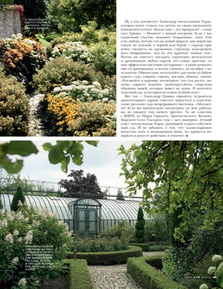 Ну а что посоветует Александр читательнице Vogue,
которая хочет создать сад мечты на своих двенадцати,
пятидесяти сотках? «Когда сама — это прекрасно! — взды-
хает Гривко. — Начните с живой изгороди. Если у вас
солнечный участок, возьмите боярышник, липу. Тую
я не люблю, потому что на нашей широте она зимой вы-
глядит не зеленой, а черной или бурой — гораздо при-
ятнее смотреть на кружевную структуру подстрижен-
ного боярышника, чем на эти мрачные темные туи».
Потом он советует посадить гортензию метельчатую
и древовидную любых сортов: это самые простые, са-
мые эффектные цветущие кустарники — в июне начинает
цвести древовидная, и потом, сменяясь, до октября — ме-
тельчатая. Обязательно используйте растения из бабуш-
киного сада: спирею, сирень, жасмин, яблони, пионы.
«Поезжайте в деревню, посмотрите, что там растет, мо-
лочка парного попейте, поинтересуйтесь секретами
обычных людей, которые живут на земле. И получите
чудесный сад, за которым не нужен особый уход!»
Вот так — Александр Гривко, европеец, устроитель
архитектурных парков советует вернуться к классиче-
скому русскому саду непрерывного цветения. «Абсолют-
но! Если вы внимательно посмотрите на мои работы,
вы не увидите там ничего другого. Та же классика
с ВДНХ, из Парка Горького, Архангельского, Кускова,
Царского Села. Съездить туда — вот, наверное, лучший
совет читательнице Vogue, решившей создать собствен-
ный сад. И не забывать о том, что садово-парковое
искусство хоть и возвышенная вещь, но придется по-
держать в руках и грабельки, и лопатки».
ОРАНЖЕРЕИ ВТОРОЙ
ПОЛОВИНЫ XIХ ВЕКА
ПРИВЕЗЛИ ИЗ ФРАН-
ЦИИ И ИСПОЛЬЗУЮТ
ДЛЯ ВЫРАЩИВАНИЯ
РАССАДЫ, ЗЕЛЕНИ
И ОВОЩЕЙ: ПОМИДО-
РОВ, ОГУРЦОВ, БАКЛА-
ЖАНОВ.
В МИКСБОРДЕРЕ
ЦВЕТУТ СПИРЕЯ,
ЛАПЧАТКА, ГОРТЕН-
ЗИЯ И БУЗУЛЬНИК.
2 0 1 6 М А Й V O G U E 183
 