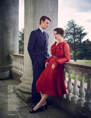 Rarely has the transition
from carefree young
married woman to the
wearer of a gravity-
challenging crown
seemed so unenviable,
so life-sentencing…
The relationship
between Elizabeth
and Philip forms
the emotional heart
of The Crown.
Opposite: Claire Foy
wears a Lanvin skirt suit
and Church’s brogues.
This page: Claire wears
a pleated silk dress
by Schiaparelli Haute
Couture and shoes by
Rayne, shoemakers to
Queen Mary, the Queen
Mother and the Queen
JASON BELL 147
 