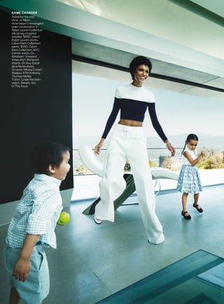 GAME CHANGER
Robot for the win!
(And, on Mom,
minimalism’swinningest
color combination.)
Ralph Lauren Collection
silk-jersey cropped
sweater, $890; select
Ralph Lauren stores.
Calvin Klein Collection
pants, $950; Calvin
Klein Collection, NYC.
Cartier watch. On
Abraham: Vineyard
Vines shirt. Bonpoint
shorts. On Ava: Oscar
de la Renta dress.
On actor Nikolaj Coster-
Waldau: ATM Anthony
Thomas Melillo
T-shirt. Linde Werdelin
watch. Details, see
In This Issue.
 