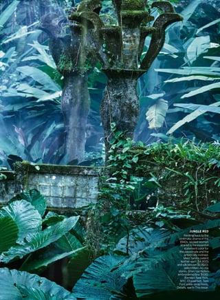 JUNGLE RED
Harking back to the
cinematic drama of the
1940s, wicked-woman
scarlet is the essential
statement color for
the passionate and the
artistically inclined.
Marc Jacobs patent
leather skirt ($4,800)
and silk blouse ($1,800);
select Marc Jacobs
stores. Dries Van Noten
embroidered bra, $590;
Barneys New York,
NYC. Chanel belt. Tom
Ford ankle-strap heels.
Details, see In This Issue.
 