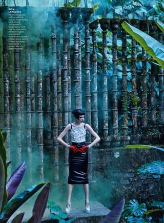 SIGN
LANGUAGE
Hands and gloves
(with or without
sequin “fingernails”)
were among
Schiaparelli’s
trademarks. Here,
slightly kinky latex
iterations signal
an emphatic
independent streak.
Chanel dress; select
Chanel boutiques.
Dawnamatrix
gloves. Miu Miu
platform shoes.
246
 