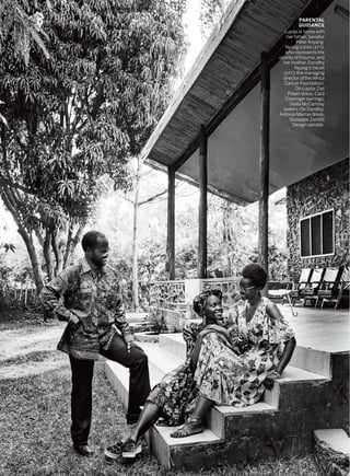 PARENTAL
GUIDANCE
Lupita at home with
her father, Senator
Peter Anyang’
Nyong’o (FAR LEFT),
who represents the
county of Kisumu, and
her mother, Dorothy
Nyong’o (NEAR
LEFT), the managing
director of the Africa
Cancer Foundation.
On Lupita: Zac
Posen dress. Cara
Croninger earrings.
Stella McCartney
loafers. On Dorothy:
Antonio Marras dress.
Giuseppe Zanotti
Design sandals.
 
