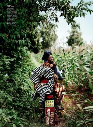 DON’T
LOOK BACK
Givenchy by
Riccardo Tisci
dress. Tiffany & Co.
earrings. 3.1 Phillip
Lim sandals. In this
story: hair, Vernon
François for Vernon
François; makeup,
Nick Barose.
Produced by On
Screen Productions
(Kenya). Details,
see In This Issue.
 