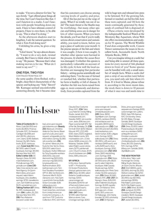 TableofContents61:On
Kloss:Coat($4,950)and
boots($1,860);Proenza
Schouler,NYC.OnNewton:
Cardigan($1,698)and
shirt($574);rafsimons
.com.Jeans,$249;Baldwin,
KansasCity,MO.Clarks
boots,$130;clarksusa
.com.Coverlook94:Dress,
$67,900;selectChanel
boutiques.Earrings,$9,190;
BarneysNewYork,NYC.
Editor’sletter108:On
Nyong’o:Dress,$2,040;
matchesfashion.com.
Pichulikearrings,$75;
pichulik.com.Lives130:
Tailor,CoraJamesforLars
NordAgency.OnQuinn:
Marnidress,priceupon
request;selectMarni
boutiques.ZinoJewellery
earrings,$750;daniellezino
.com.SamEdelmanpumps,
$120;samedelman.com.
TalkingFashion187:Dress,
$1,395;modaoperandi
.com.194:Loafers,$1,250;
BarneysNewYork,NYC.
198:PacoRabanne
bra(wornundersheer
top),priceuponrequest;
pacorabanne.com.Beauty
215:Manicure,Christina
AvilesforDiorVernis.Blazer
(partofasuit),priceupon
request;schiaparelli.comfor
information.Earring,$1,080;
net-a-porter.com.216:
OnJenner:Manicure,Emi
KudoforDiorVernis.Dress,
$26,000;selectGucci
boutiques.HuttonWilkinson
forTonyDuquettenecklace
($16,000),ruby-and-
diamondring($20,000),
andonyxring($16,000);
tonyduquette.com.
Biafineemulsion,$50;
biafinecream.com.Tom
FordTracelessFoundation
SPF15,$82;tomford.com.
ClarisonicMiaFit,$219;
clarisonic.com.YvesSaint
LaurentAnti-CernesMulti-
ActionConcealer,$38;
yslbeautyus.com.
PATA232:OnSchreiber:
Coat,breeches,andshoes
fromUnitedAmerican
CostumeCompany,L.A.;
vestfromTDFCostume
Collection,NYC;shirtfrom
ClaudiaDiazCostume
Shop,NYC.234:Tailor,
LucyFalckforChristyRilling
Studio.Jacket,$22,250;
modaoperandi.com.
Sweater,$495;net-a-porter
.com.Jeans,$98;levi.com.
Papersurpriseball,$70;Tail
oftheYak,Berkeley,CA.238:
OnKroll:Shirt,$250;Maison
Kitsuné,NYC,(212)481-
6010.Jeans,$325;boglioli.it.
MackWeldonsocks,$15;
mackweldon.com.J.Crew
shoes,$288;jcrew.com.On
Mulaney:Sweater,$995;
selectRalphLaurenstores.
Jeans,$275;patrikervell
.com.Church’sshoes,$725;
church-footwear.com.240:
Dress,$98;jcrew.com.
MYAFRICA
Inthisstory:Specialthanks
toMT+.Producedby
OnScreenProductions
(Kenya);getonscreen.com.
245:Dress,$3,485;select
RobertoCavalliboutiques.
Earrings,$300;
caracroninger.net.
Bracelets($340forset
offive)andchokersworn
onarms($120each);
roxanneassoulin.com.
246–247:Dress,
$7,995;selectNeiman
Marcusstores.Cara
Croningerearrings,$260;
caracroninger.net.Sandals,
priceuponrequest;
christianlouboutin.com.
249:Dress,$850;
31philliplim.com.Earrings
($200),necklace($500),
andnecklaceswornas
bracelets($500each);
waltcassidy.com.250:Coat
($3,546)andskirt($1,690);
matchesfashion.com.
Denimturban,$38;cultgaia
.com.Earrings,$200;
waltcassidy.com.251:Dress
($5,990),cuffswornasa
necklace($495each),and
cuffs($495each);Akris
boutiques.Earrings,$742;
perezsanz.com.252–253:
Dress,$165;kikiclothing
.com.Earrings,$58;
shopsoko.com.254:Dress
($7,900)andcuffs($625
each);selectValentino
boutiques.WaltCassidy
Studioearrings,$200;
waltcassidy.com.PerezSanz
choker,$1,650;perezsanz
.com.255:Dress,$2,680;
Missoni,NYC.256–257:On
Nyong’o:Dress,$28,000;
selectValentinoboutiques.
Earrings,$1,695;ippolita
.com.OnKabanza:Shirt,
$30;gap.com.J.Crew
pants,$50;jcrew.com.
OnNalwanga:JohnHardy
bracelet,$2,900;johnhardy
.com.258:OnNyong’o:
Dress,priceuponrequest;
zacposen.com.Earrings,$300;
caracroninger.net.Loafers,
$565;SaksFifthAvenue,
NYC.OnDorothy:Dress,
$2,195;Blake,Chicago.
Sandals,$845;Giuseppe
ZanottiDesignboutiques.
259:Dress,$3,850;select
Pradaboutiques.Bracelet
wornasanecklace,$495;
ashleypittman.com.
ChristianLouboutin
sandals,priceuponrequest;
christianlouboutin.com.261:
Dress,$6,535;Givenchy,
NYC.Earrings,$750;
tiffany.com.Sandals,$595;
31philliplim.com.
THENEWFRONTIER
Inthisstory:Tailor,Leah
HuntsingerforChristy
RillingStudio.Manicure,
JinSoonChoiforJINsoon.
263:Shirt($890),pants
($2,690),andring($1,100).
Stetsoncowboyhat,$250;
jjhatcenter.com.264:Jacket
($3,490),top($4,990),
andearrings($595).
PoloRalphLaurenjeans,
$125;PoloRalphLauren
stores.265:Dress,$2,690.
266:Jumpsuit,$3,990.
GiuseppeZanottiDesign
sneakers,$625;Giuseppe
ZanottiDesignboutiques.
267:Jacket($3,990),
tomake.“I’mnotadirectorforhire,”he
saysfirmly.“Igetofferedgreatthingsall
the time, but I can’t function like that. I
can’t function in a studio. I can’t func-
tion with people breathing down my
neck. I have to have ultimate control of
projects. I have to own them, to be able
to say, ‘This is what I’m doing.’”
As the afternoon shadows start to
lengthen, I ask the natural question: So
what is Tom Ford doing next?
Unfolding his arms, he gives a tiny
shrug.
“Idon’tknow,”hesaysalmostdream-
ily. “I want to do a very dark, twisted
comedy.ButIhavetothinkwhatIwant
tosay.”Hepauses.“Becausethat’swhat
making movies is for me. ‘What do I
want to say now?’”
ONE FISH, TWO FISH
CONTINUEDFROMPAGE297
the same quality (firm-fleshed, with a
bright, clean flavor characteristic of the
species and lacking any “fishy”flavor)?
Mr. Kumagai seemed uncomfortable
answering directly, but it became clear
that his customers can choose among
varying levels of quality and price.
Allof thishasputmeonthevergeof
panic. What if we totally run out of su-
shi? The main threat to the bluefin may
be overfishing—but many other spe-
cies and fishing areas are in danger for
lots of other reasons. When you learn
thedetails,you’llseethatif you’rereally
seriousaboutconservationandsustain-
ability, you need to know, before you
popapieceof sushiintoyourmouth:1)
theprecisespeciesof thefishandwhere
it was caught; 2) how it was caught; 3)
whether other species were harmed in
the process; 4) whether the ocean floor
was damaged; 5) whether this species is
particularly vulnerable on account of
its life cycle; 6) how well the local au-
thorities are managing that particular
fishery—settingquotasscientificallyand
enforcingthem;7)inthecaseof farmed
or ranched fish, whether that particu-
lar farm is healthy or full of disease; 8)
whether the fish was farm-raised from
eggs or, more commonly and destruc-
tively, from juveniles captured from the
wildinhugenetsandreleasedintopens
to be fattened; 9) if the growing fish,
farmedorranched,arefedlivefish,how
these were captured; and 10) how the
waste continually generated by thou-
sands of confined fish is disposed of.
(These criteria were developed by
the indispensable Seafood Watch at the
Monterey Bay Aquarium, whose Web
siteoffersrecommendationsandanaly-
sis for 91 species. The World Wildlife
Fund does comparable work. Casson
Trenor summarizes the issues in his ex-
cellent book, Sustainable Sushi, North
Atlantic Books, 2008.)
Canyouimaginesittingatasushibar
and being able to answer all these ques-
tions for every morsel of fish plunked
down in front of you? Some species
can be handled with only a small num-
ber of simple facts. When a sushi chef
puts a strip of sea urchin (uni) before
you, you need only ask him where it’s
from. If it lived in Maine, please refuse
it; according to the most recent data,
the stock there is down to 10 percent
of what it once was and needs time to
InThisIssue
V O G U E . C O M
314 V O G U E O C TO B E R 2 0 1 6
 