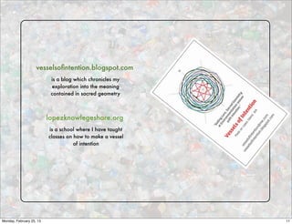 vesselsoﬁntention.blogspot.com
                           is a blog which chronicles my
                           exploration into the meaning
                           contained in sacred geometry



                          lopezknowlegeshare.org
                          is a school where I have taught
                          classes on how to make a vessel
                                     of intention




Monday, February 25, 13                                     11
 