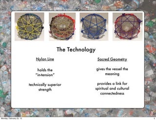 The Technology
                              Nylon Line                      Sacred Geometry

                               holds the                      gives the vessel the
                              “in-tension”                         meaning

                          technically superior             provides a link for
                                strength                  spiritual and cultural
                                                             connectedness




Monday, February 25, 13                                                              5
 