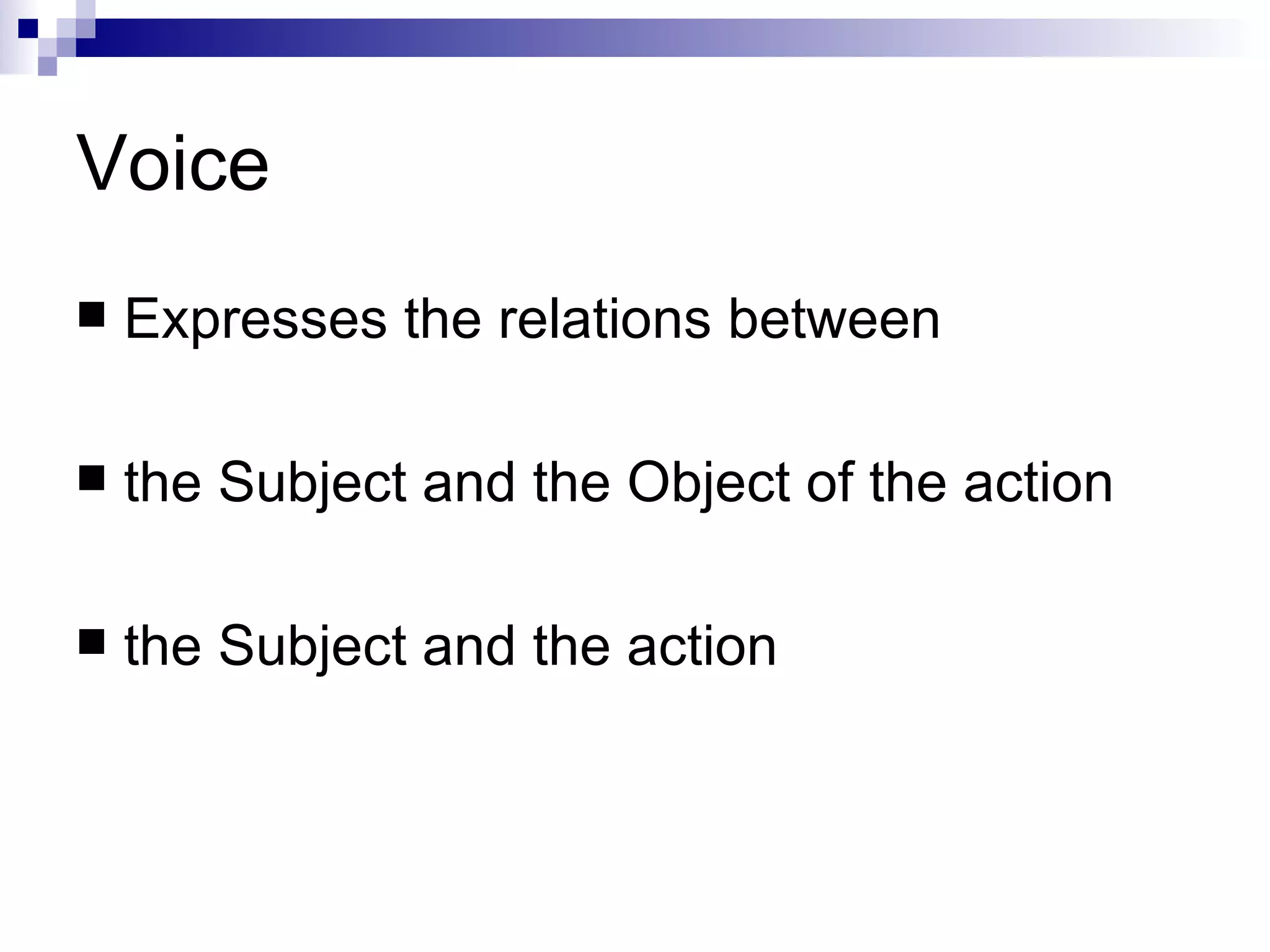 Voice Expresses the relations between the Subject and the Object of the action the Subject and the action 