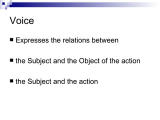 Voice Expresses the relations between the Subject and the Object of the action the Subject and the action 