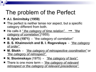 The problem of the Perfect A.I. Smirnitsky (1959)   The perfect   is neither tense nor aspect, but a specific category different from both. He  call s  it  “ the category of time relation”.  “the category of correlation”( 1955) . B. Ilyish (1971)   -  “the category of correlation” B. S. Khaimovich and B. I. Rogovskaya   -  “the category of order”  M.   Blokh   -  “the category of retrospective   coordination”  or  “the category of retrospect”.   N. Slonimskaya   (1975)  -  “the category of   taxis”.   There is  one more term –  “ the category of relevant retrospect or   the category of relevant precedence ” . 
