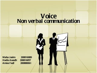 Voice Non verbal communication Maha Jasim  200816089 Hadia Awadh  200816057 Amna Fadl  200880061 
