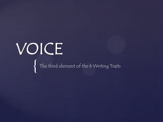 {
VOICE
The third element of the 6 Writing Traits
 